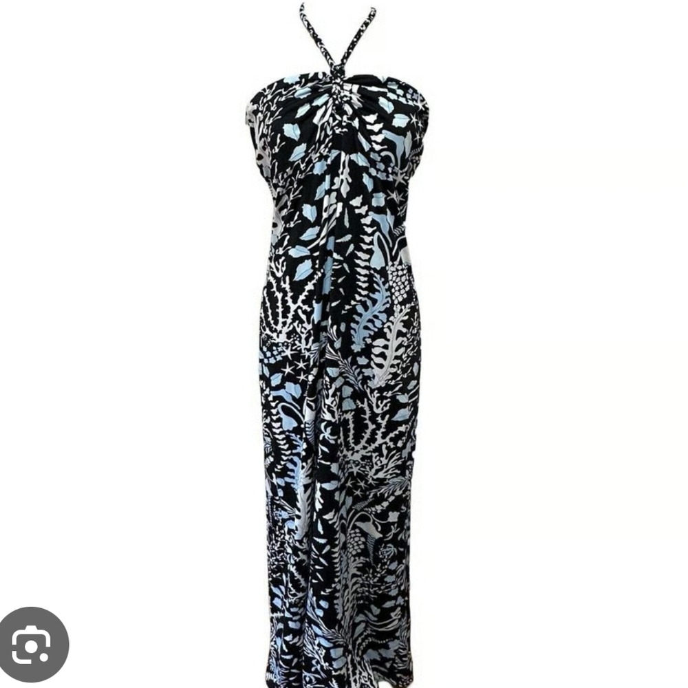 J. McLaughlin Mykonos Black and Blue Patterned Halter Maxi Dress